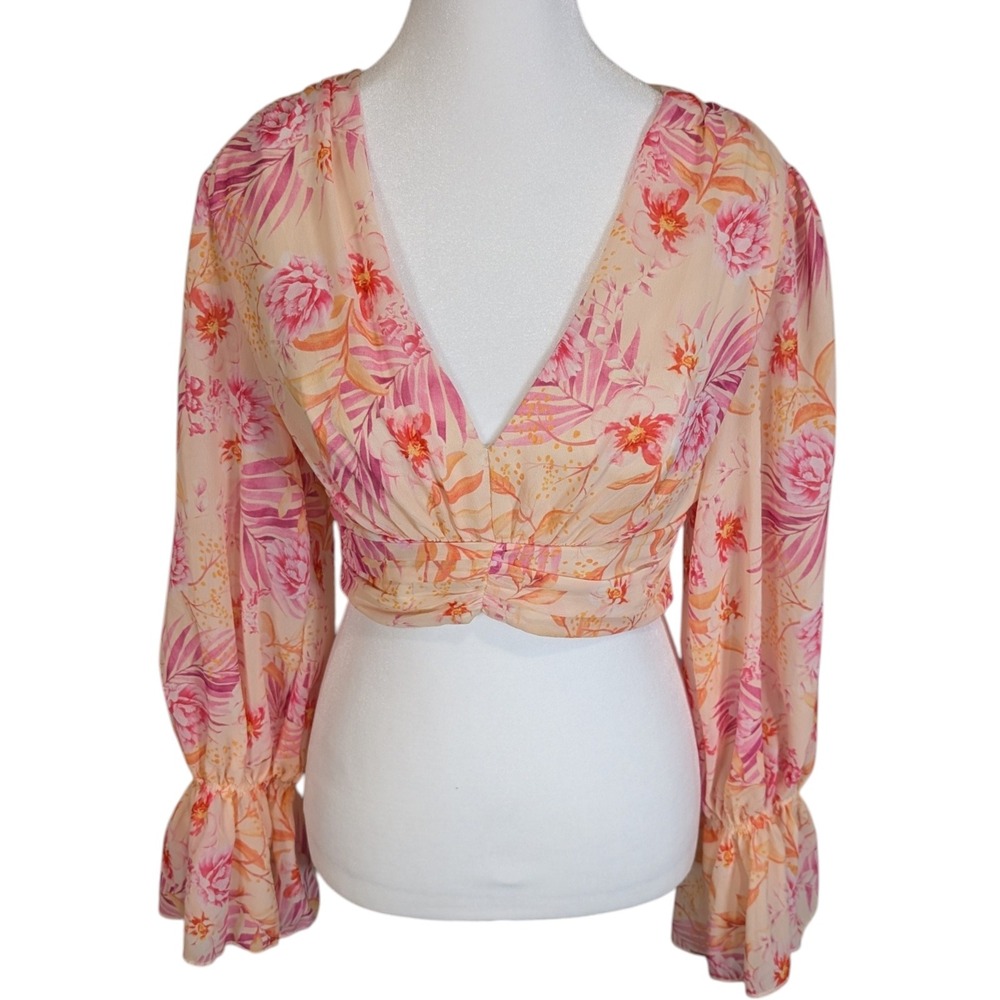 Rosevelvet Pink‎ Floral V-Neck Crop Top Long Balloon Sleeve RVTS1356 Small